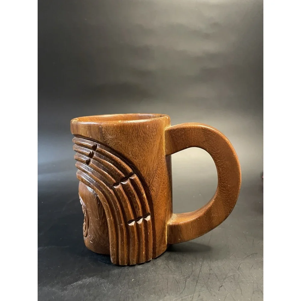 Vintage TIKI Mug Hand Carved Wood- From The Phillipines - Handled Cup